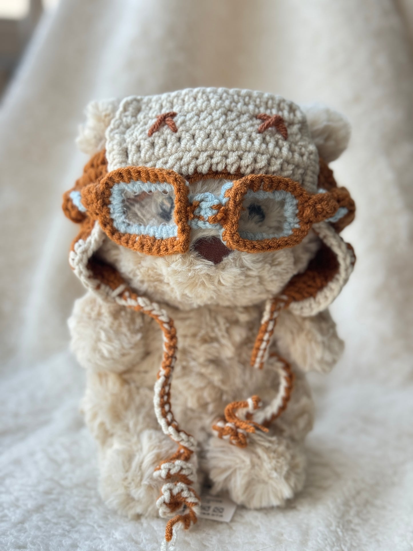 Vintage Pilot Bonnet with Goggles | Handmade Crochet Aviator Hat for Jellycat Bart Junior Bear