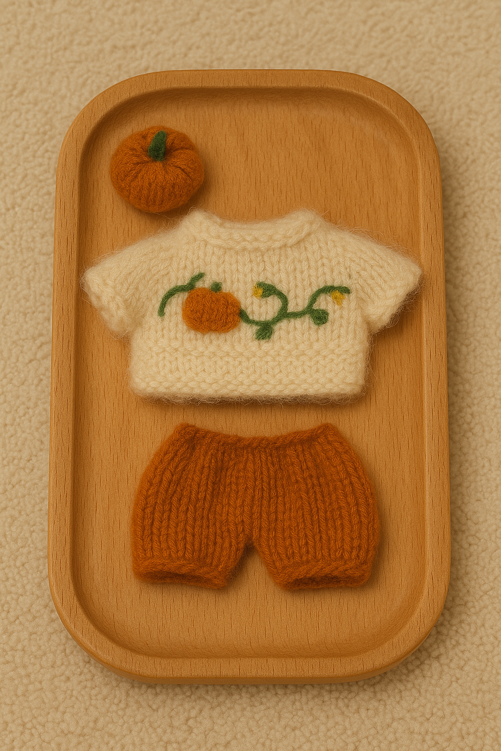 Flat lay of handmade doll clothes on wooden tray with cream carpet background