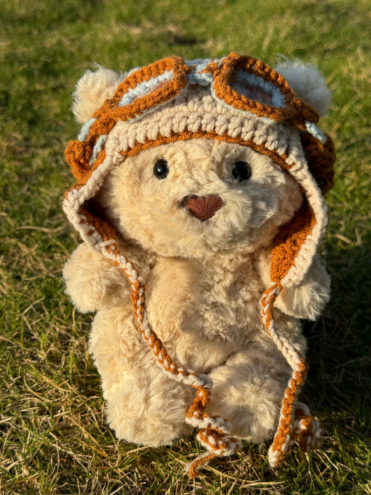 Vintage Pilot Bonnet with Goggles | Handmade Crochet Aviator Hat for Jellycat Bart Junior Bear