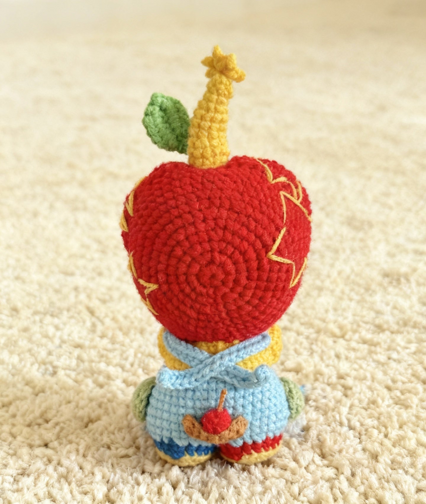 Back of apple hood with leaf and star sprout; overalls patch