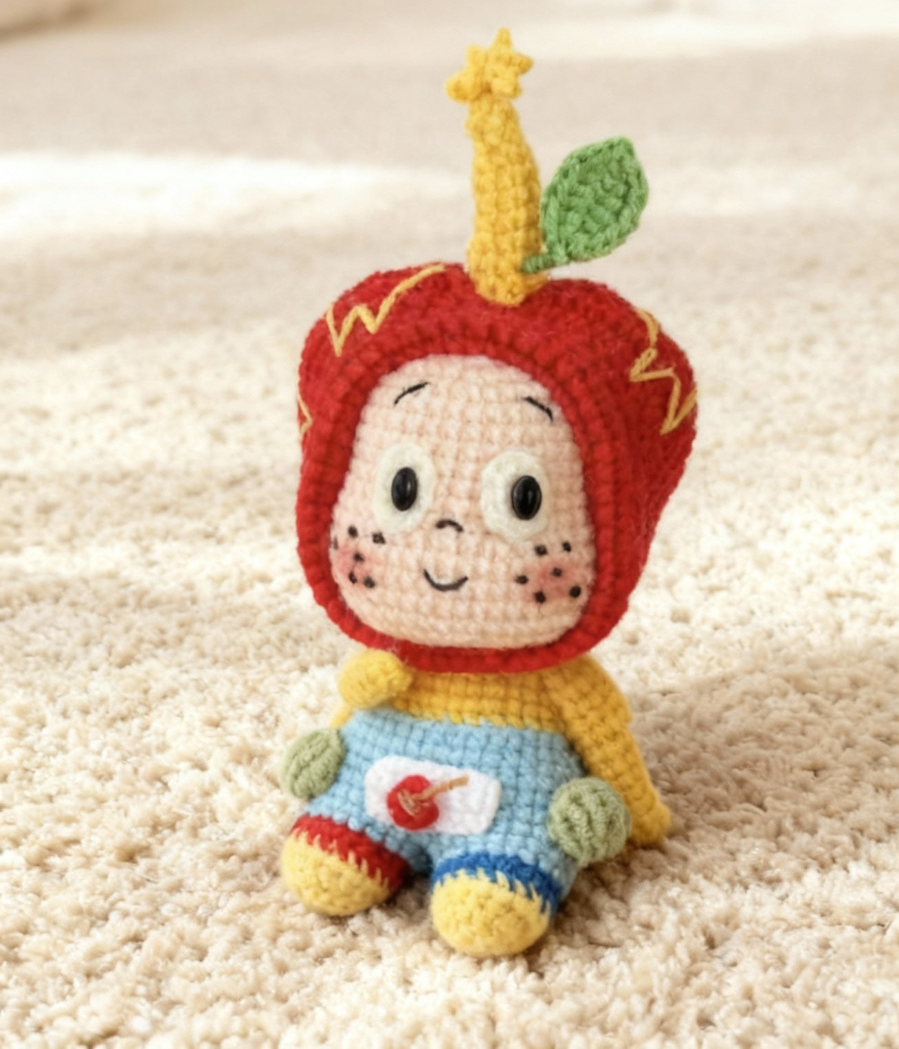 andmade crochet apple-hat starling mini plush, front view
