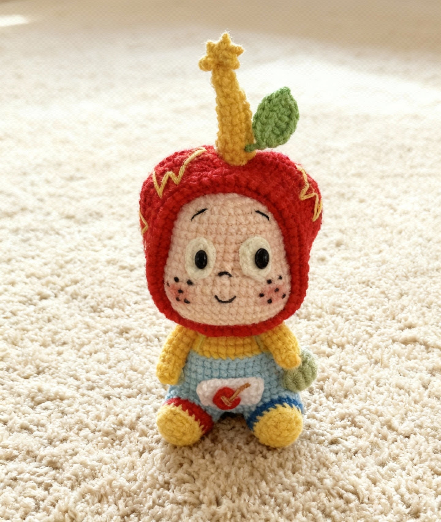 Close-up of crocheted face with freckled cheeks and apple hood