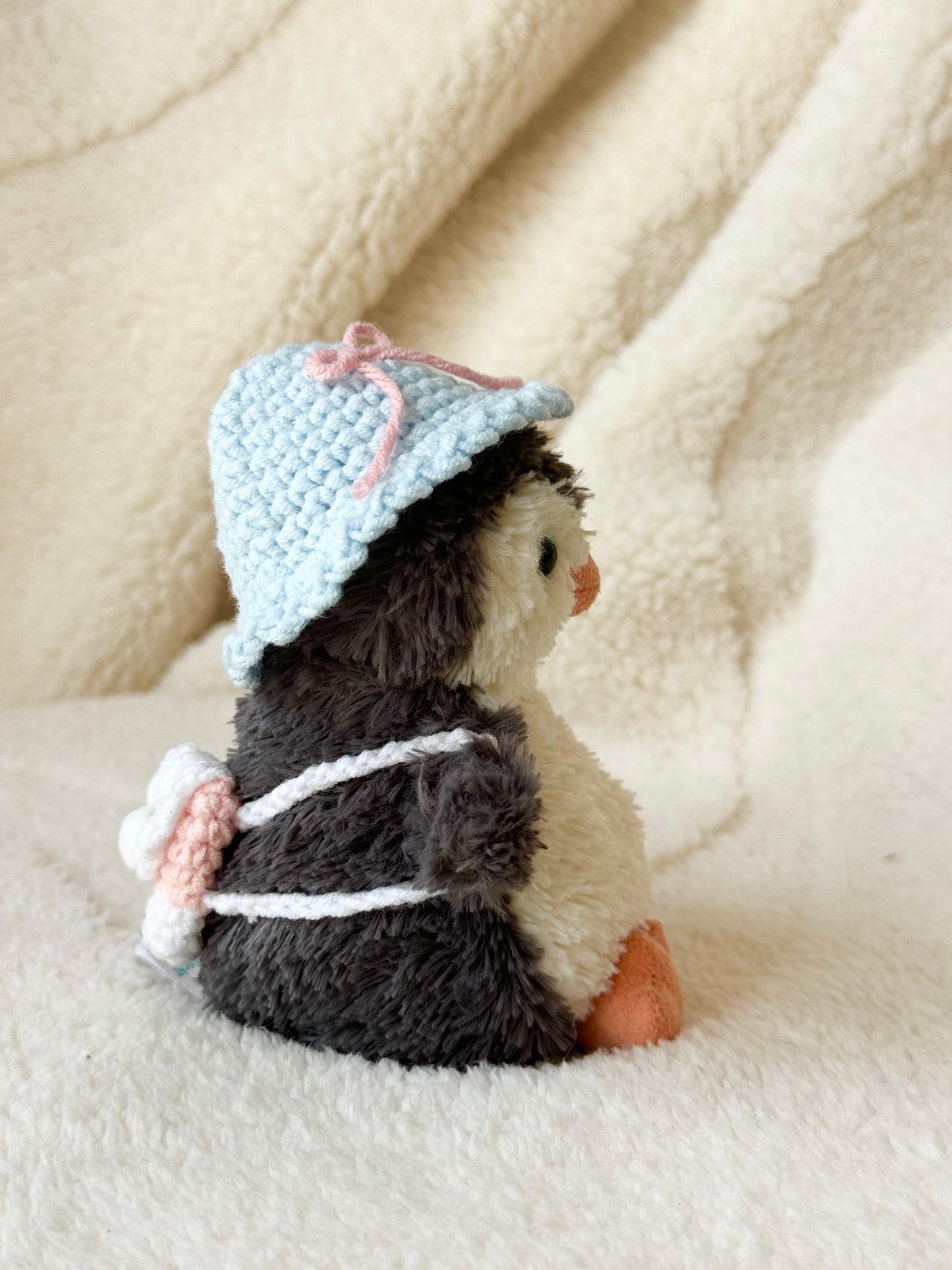 Back to School Crochet Set for Jellycat-Style Penguin (≈15 cm): Sky-Blue Sun Hat + Mini Backpack