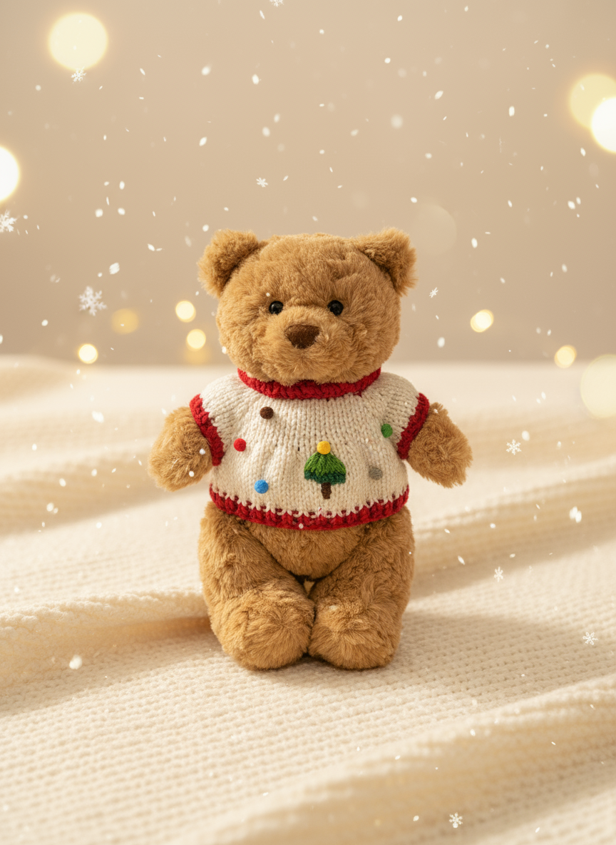 Jellycat Bartholomew bear in handmade Christmas tree jumper with red trim on a cozy, snowy background.