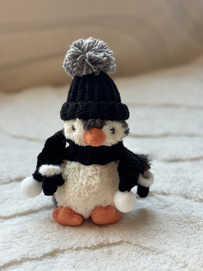 Black and Gray Crochet Bonnet and Gloves for Jellycat Penguin