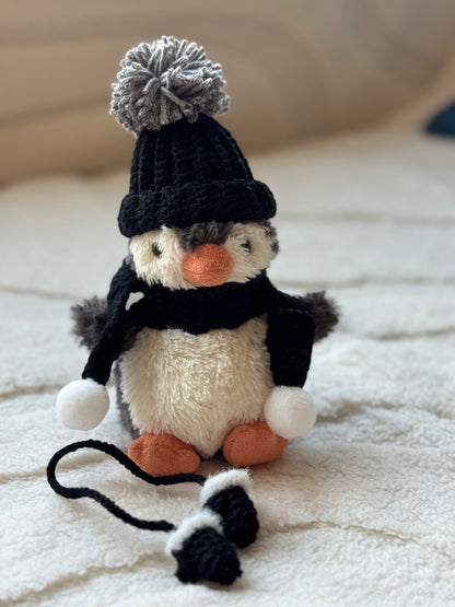 Black and Gray Crochet Bonnet and Gloves for Jellycat Penguin