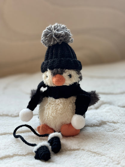 Black and Gray Crochet Bonnet and Gloves for Jellycat Penguin