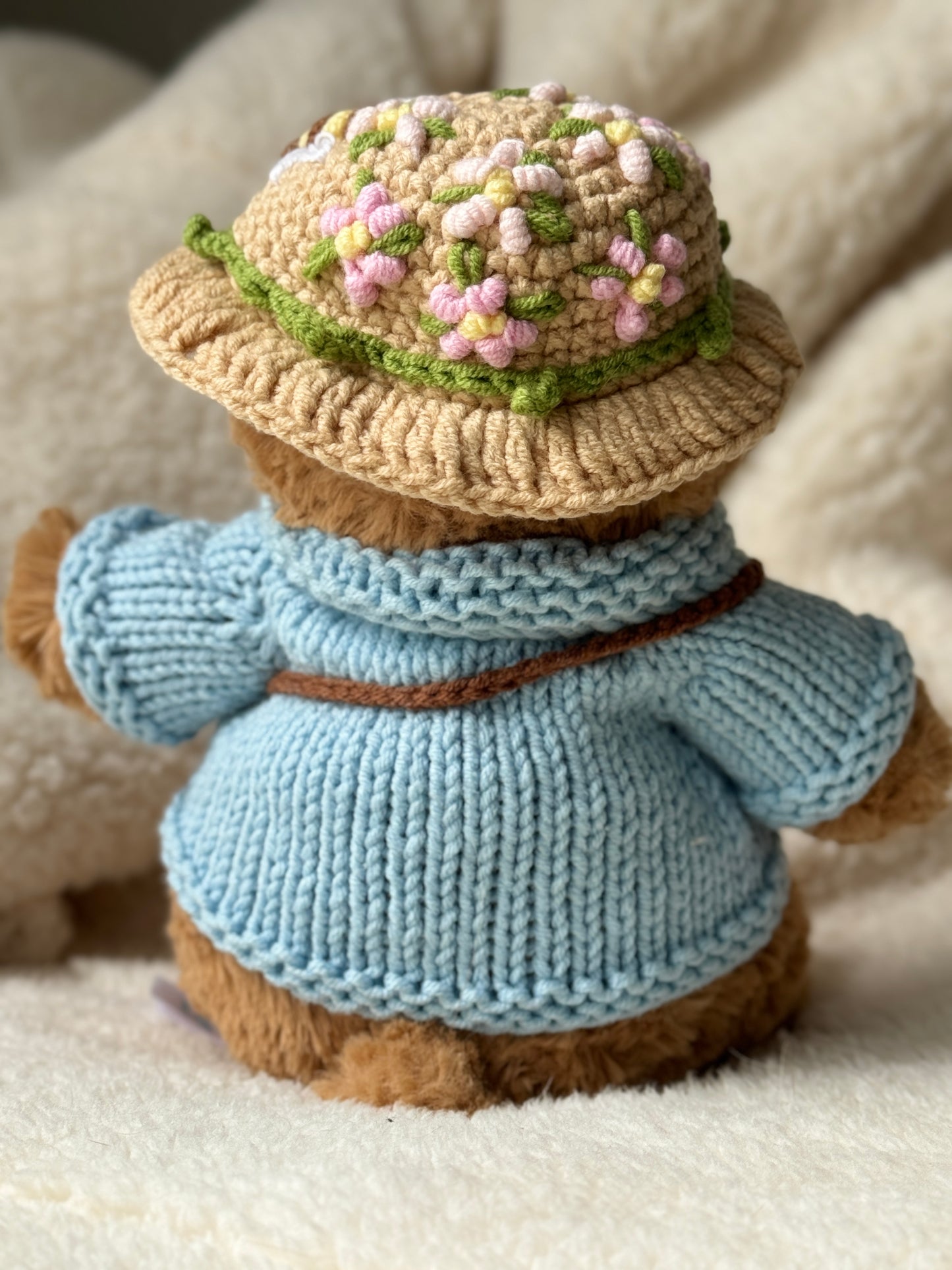 Spring Blossom Crochet Outfit Set for Jellycat Bart Bear – Hat & Floral Accessory