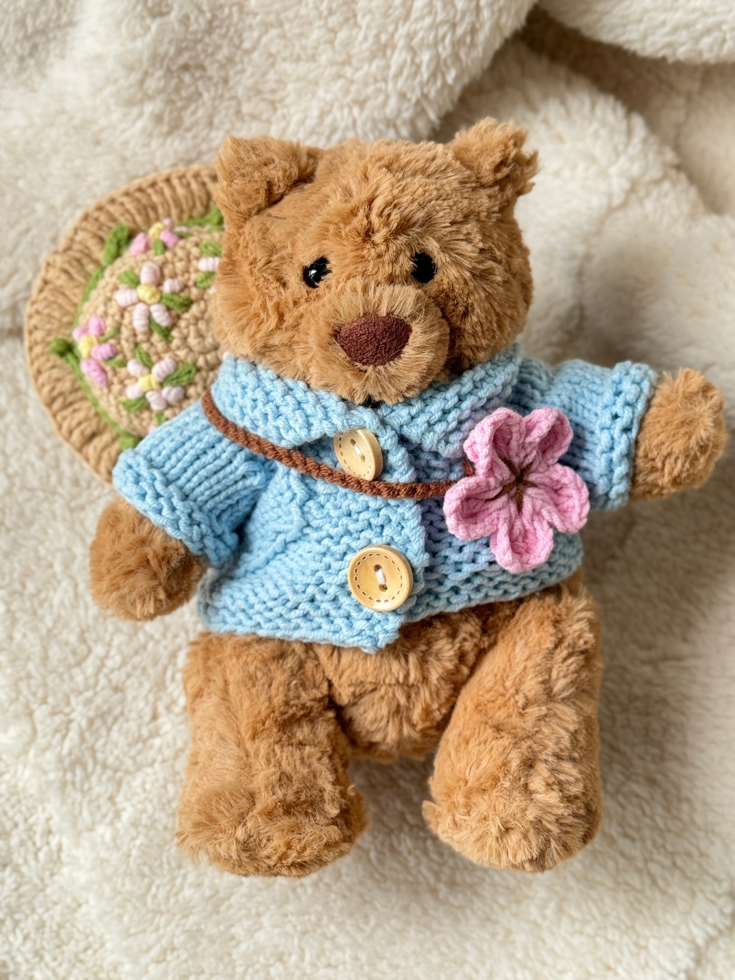 Spring Blossom Crochet Outfit Set for Jellycat Bart Bear – Hat & Floral Accessory