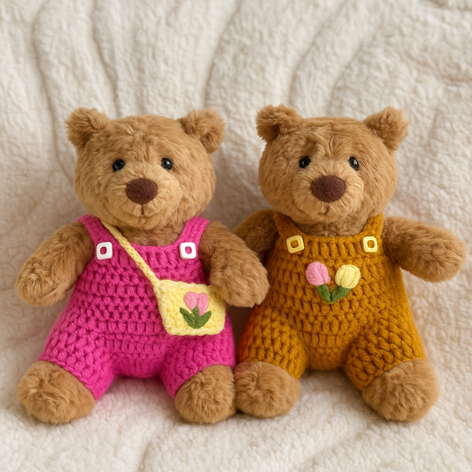 Set of 2 Crochet Overalls for Jellycat Barcelona Bear | Tulip & Pumpkin Romper Set