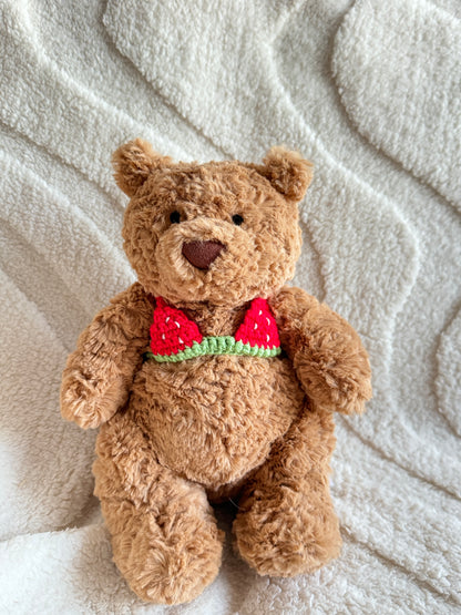 Crochet Strawberry Bikini Top & Bag Set for Jellycat Bartholomew Bear (28cm) – Summer Plush Outfit
