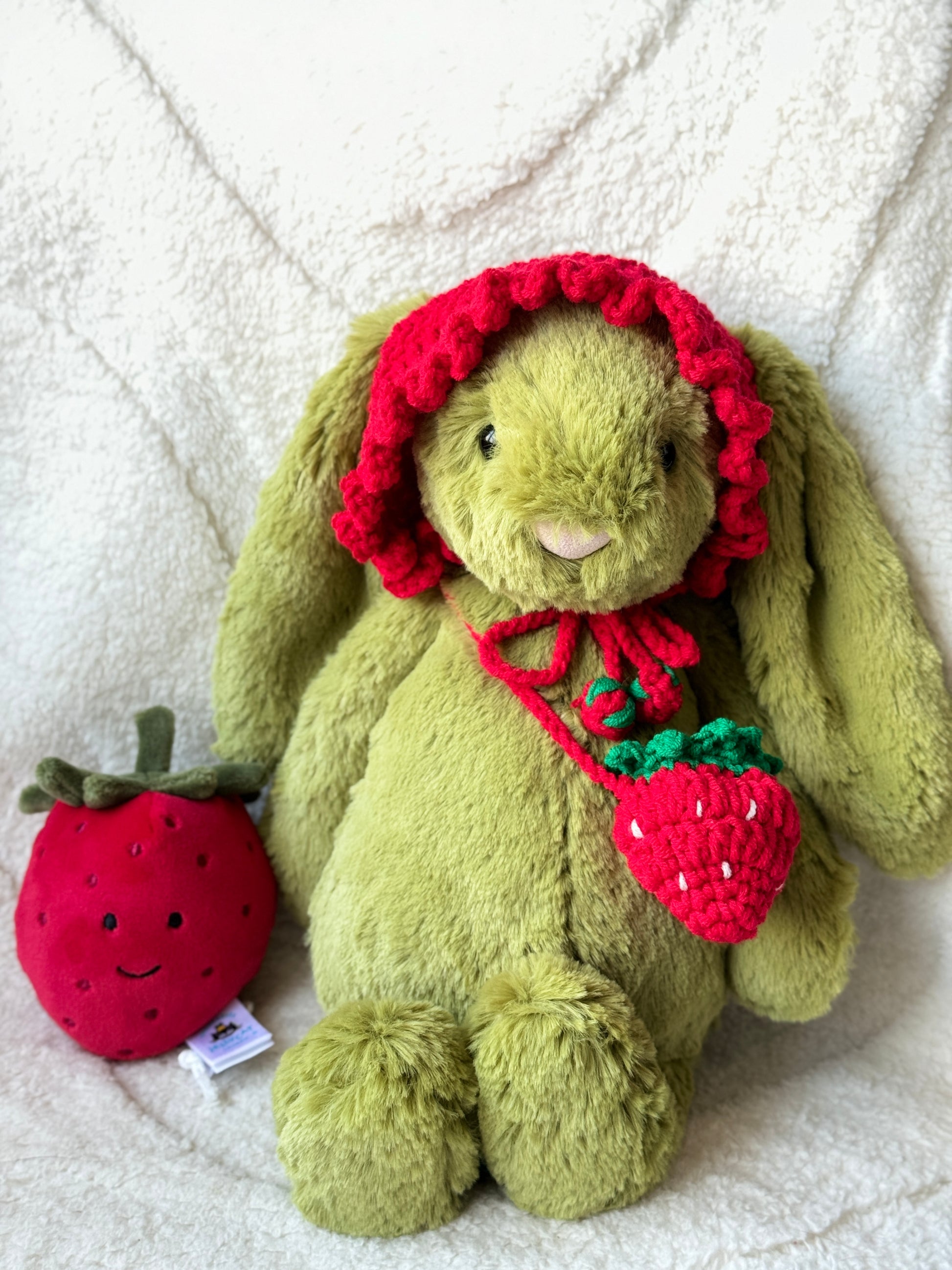 Crochet Strawberry Hat and Bag Set for Jellycat Bashful Bunny