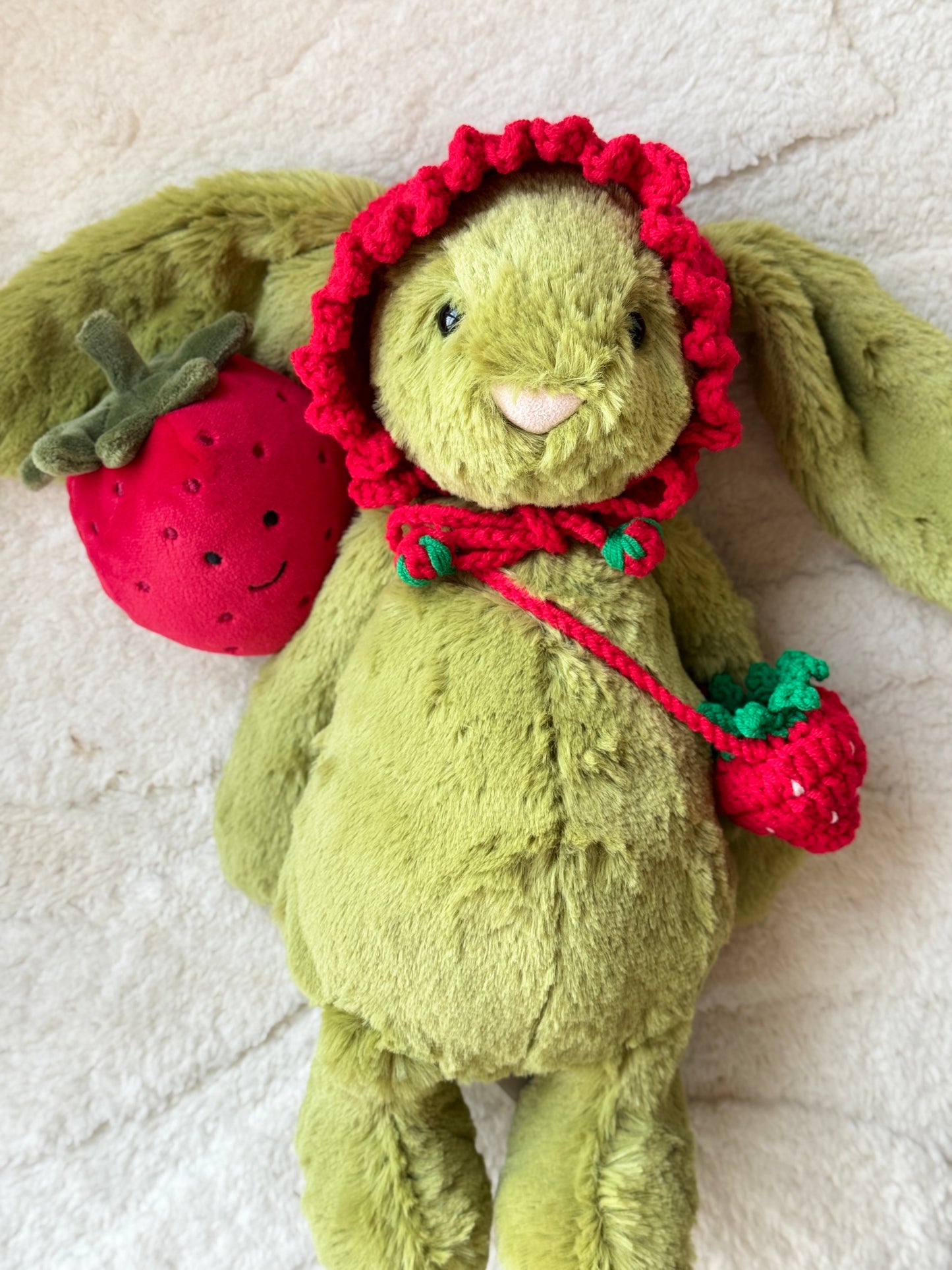 Crochet Strawberry Hat and Bag Set for Jellycat Bashful Bunny