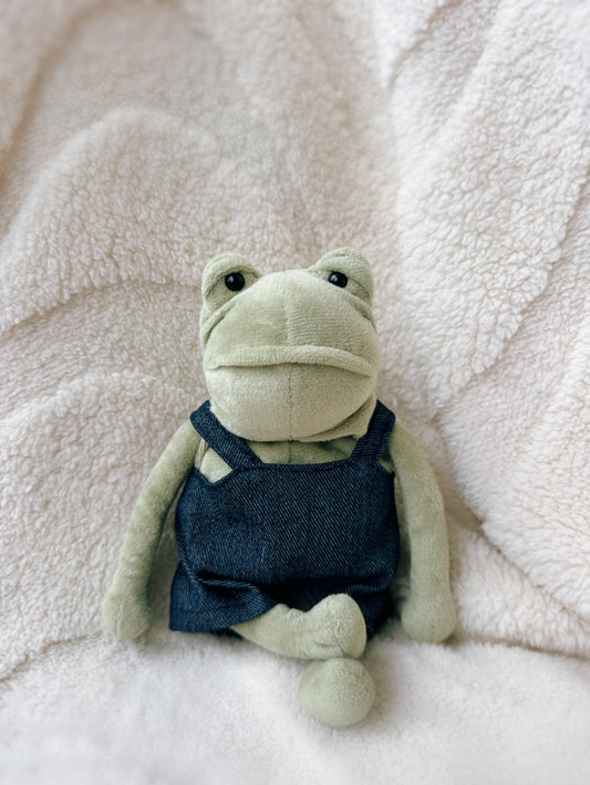 Jellycat Fergus Frog wearing handmade denim overalls outfit plush clothing