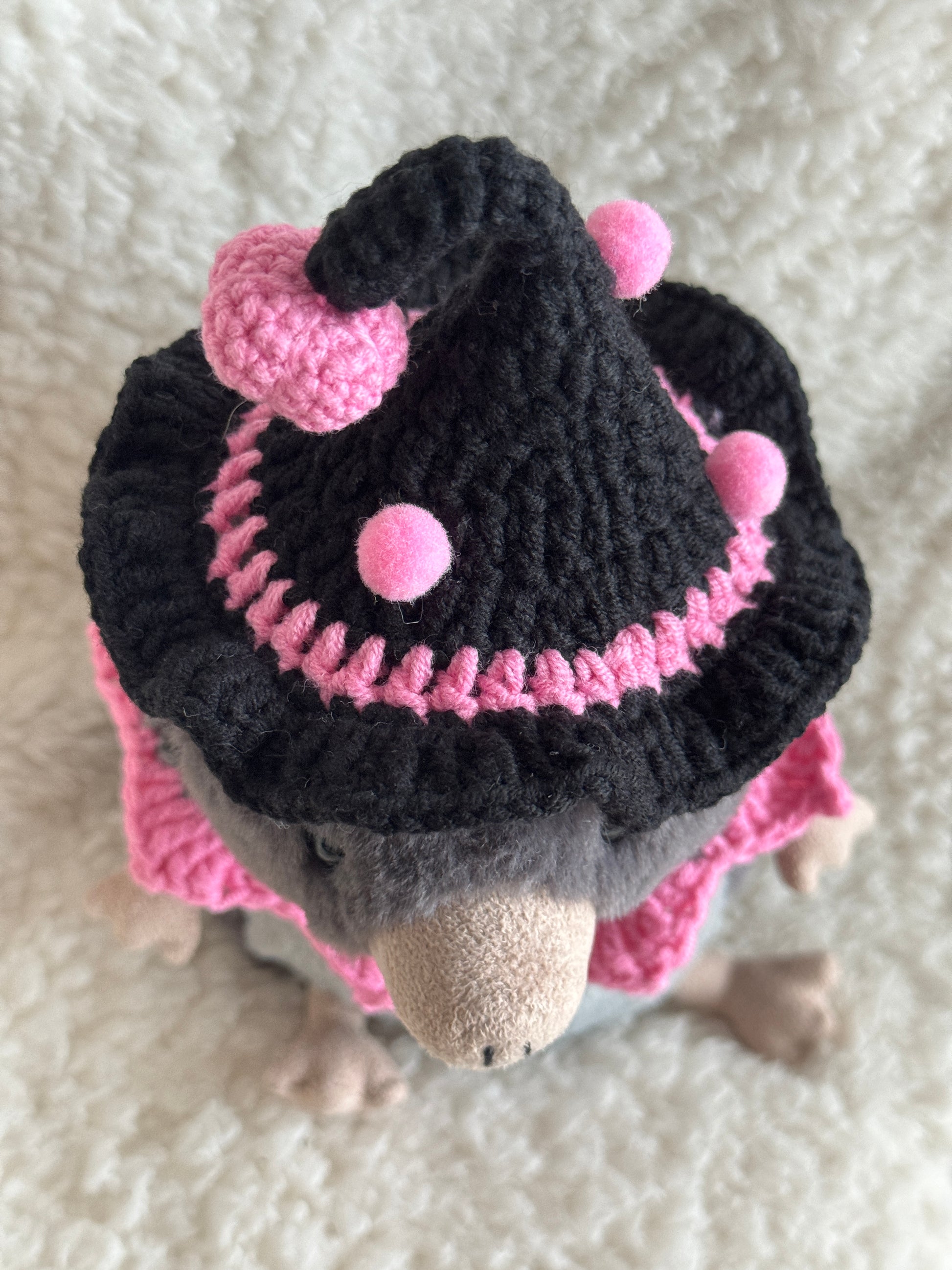 Top view of handmade witch hat and collar set on plush toy