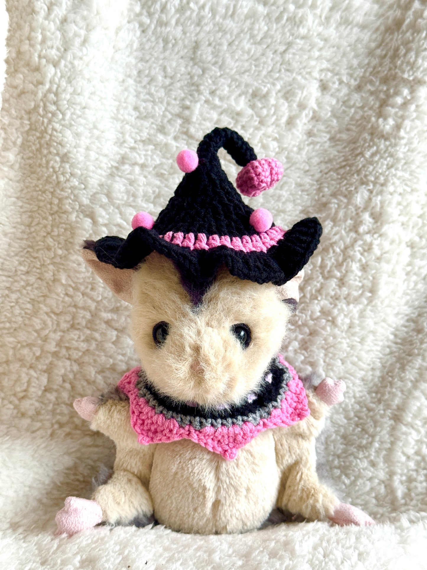 Jellycat Muswell Mole in Halloween crochet witch hat and ruffled collar