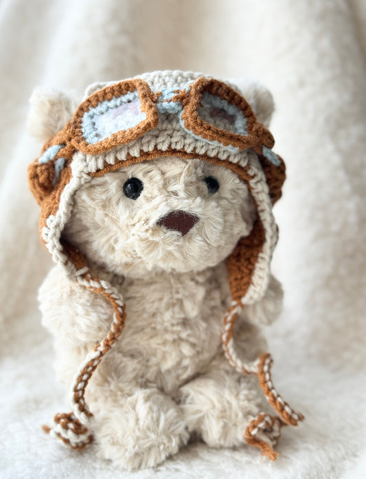 Vintage Pilot Bonnet with Goggles | Handmade Crochet Aviator Hat for Jellycat Bart Junior Bear