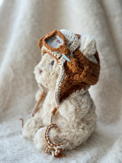 Vintage Pilot Bonnet with Goggles | Handmade Crochet Aviator Hat for Jellycat Bart Junior Bear