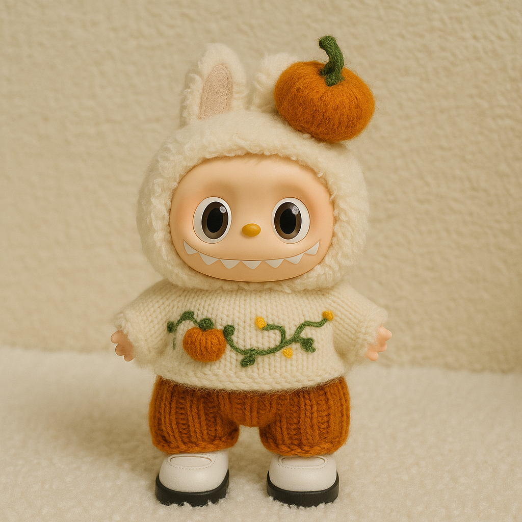 handmade autumn pumpkin knit outfit for Labubu plush doll