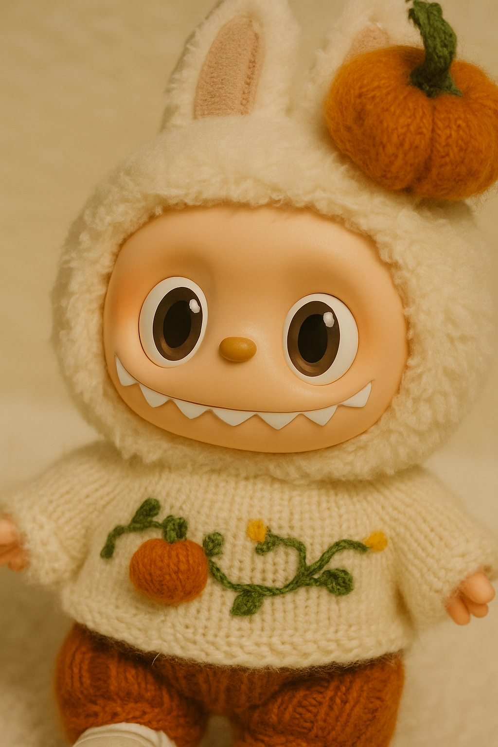 Close-up of embroidered pumpkin sweater on 5.5 inch Labubu toy
