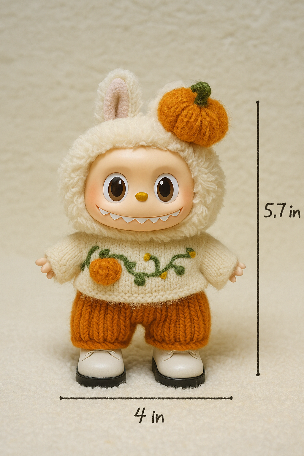 Size reference of Labubu doll in fall crochet outfit – 5.5 inches tall