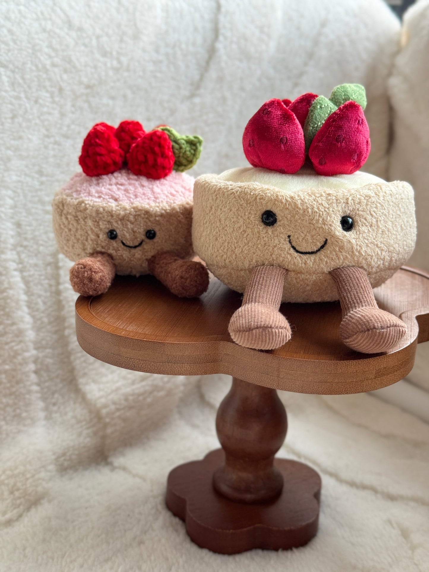 Crochet version of Fleurette Tarte aux Fraises next to original Jellycat plush for comparison.
