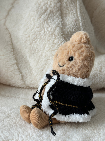 Jellycat Peanut Crochet Cape | Handmade Black & White Cloak with Gold Braid (Fits 15–20 cm)