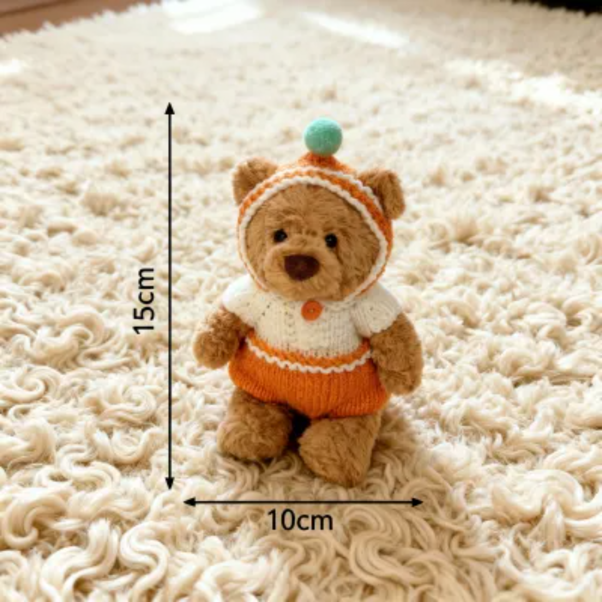 Close-up of handmade knit teddy bear clothes, orange hoodie with button and shorts, crochet Jellycat outfit for plush