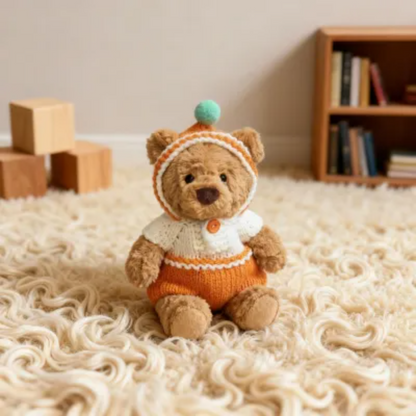 15cm teddy bear in handmade orange and white knit outfit, kawaii Jellycat clothes, crochet doll outfit for collectors