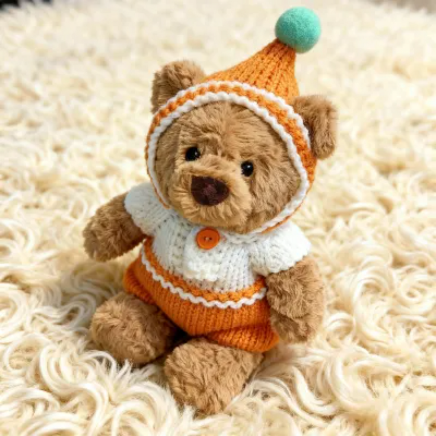 Handmade teddy bear clothes set, knit orange hoodie and shorts, crochet outfit for 15cm Jellycat plush and dolls
