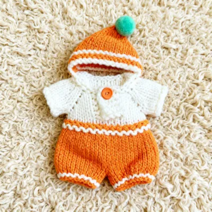 Handmade teddy bear clothes set, knit orange hoodie and shorts, crochet outfit for 15cm Jellycat plush and dolls