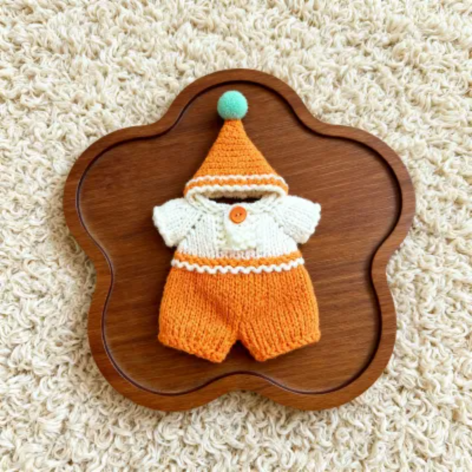 Handmade teddy bear clothes set, knit orange hoodie and shorts, crochet outfit for 15cm Jellycat plush and dolls