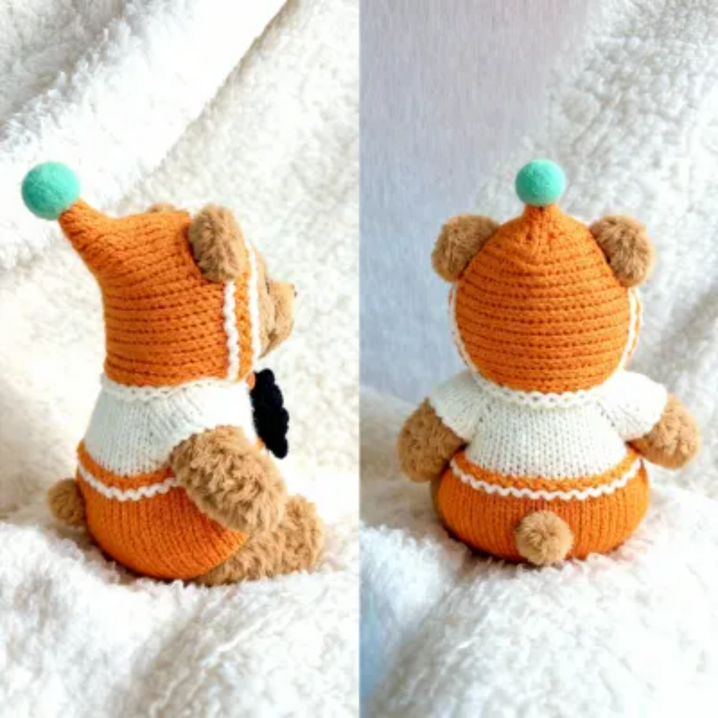15cm teddy bear dressed in handmade knit orange hoodie and shorts, Jellycat plush clothes, crochet doll outfit gift