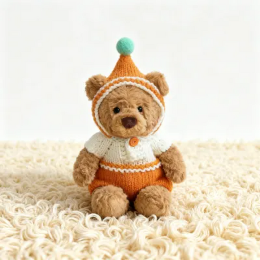Handmade knit teddy bear outfit for 15cm plush, Jellycat clothes, orange hoodie and shorts set for dolls and stuffed animals