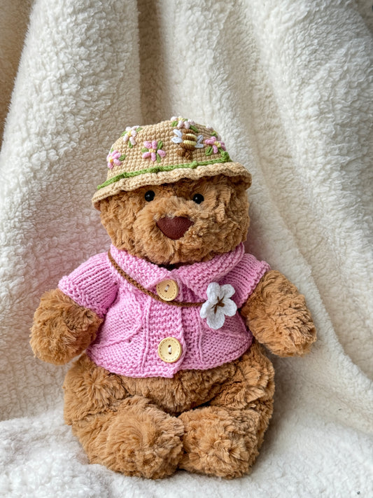 Spring Blossom Crochet Outfit Pink Set for Jellycat Bart Bear – Hat & Floral Accessory