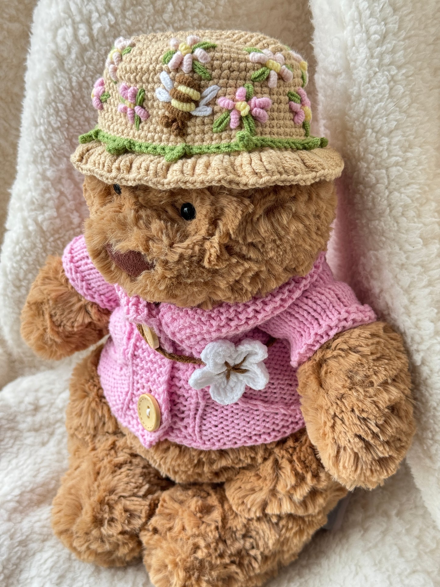 Spring Blossom Crochet Outfit Pink Set for Jellycat Bart Bear – Hat & Floral Accessory