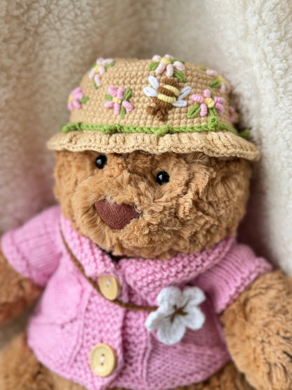 Spring Blossom Crochet Outfit Pink Set for Jellycat Bart Bear – Hat & Floral Accessory