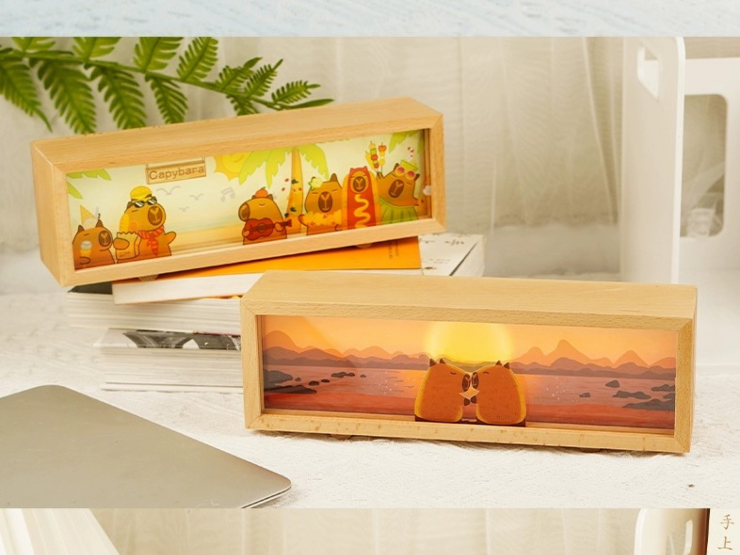 Customizable Capybara Night LED Lamp | Wooden Box, USB Powered, Cute Sunset & Beach Party Styles