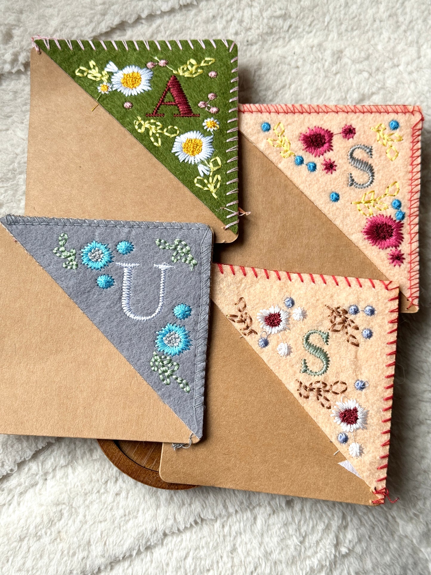 Embroidered Felt Corner Bookmark – Personalized Initial and Floral Design - Birth Flower Gift
