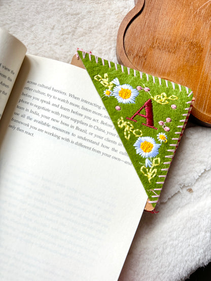 Embroidered Felt Corner Bookmark – Personalized Initial and Floral Design - Birth Flower Gift