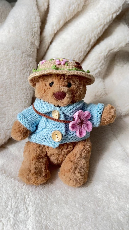 Spring Blossom Crochet Outfit Set for Jellycat Bart Bear – Hat & Floral Accessory