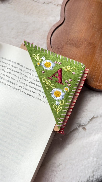 Embroidered Felt Corner Bookmark – Personalized Initial and Floral Design - Birth Flower Gift