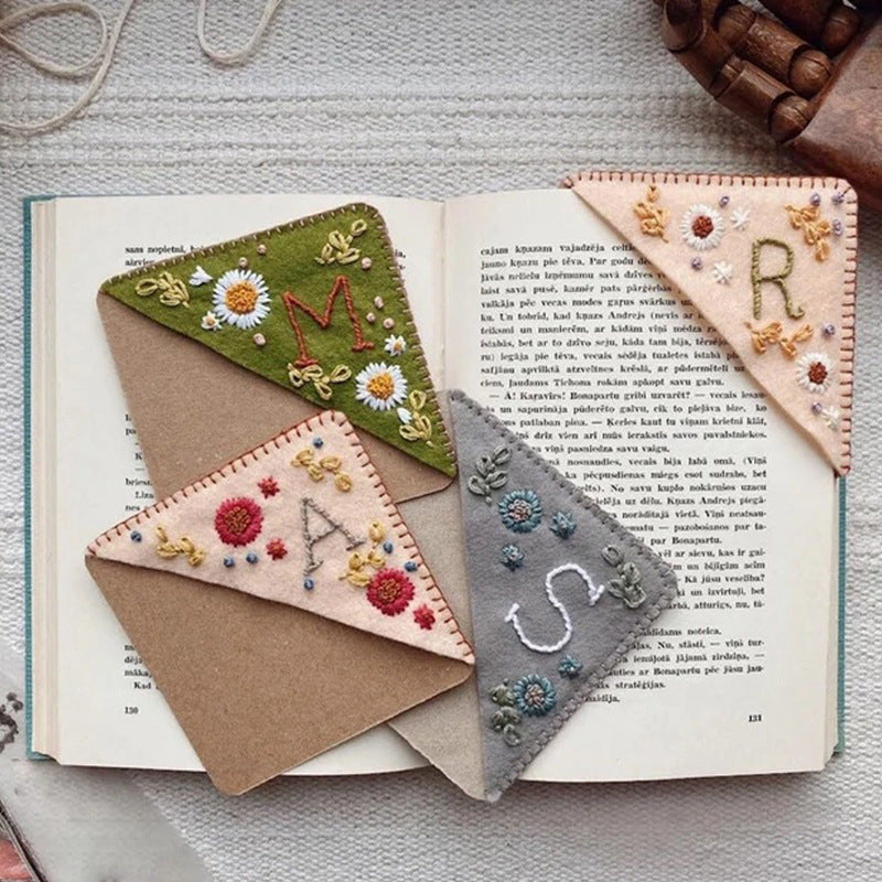 Personalized Handmade Embroidery Corner Bookmarks - Unique Triangle-Shaped Designs with Felt Accents